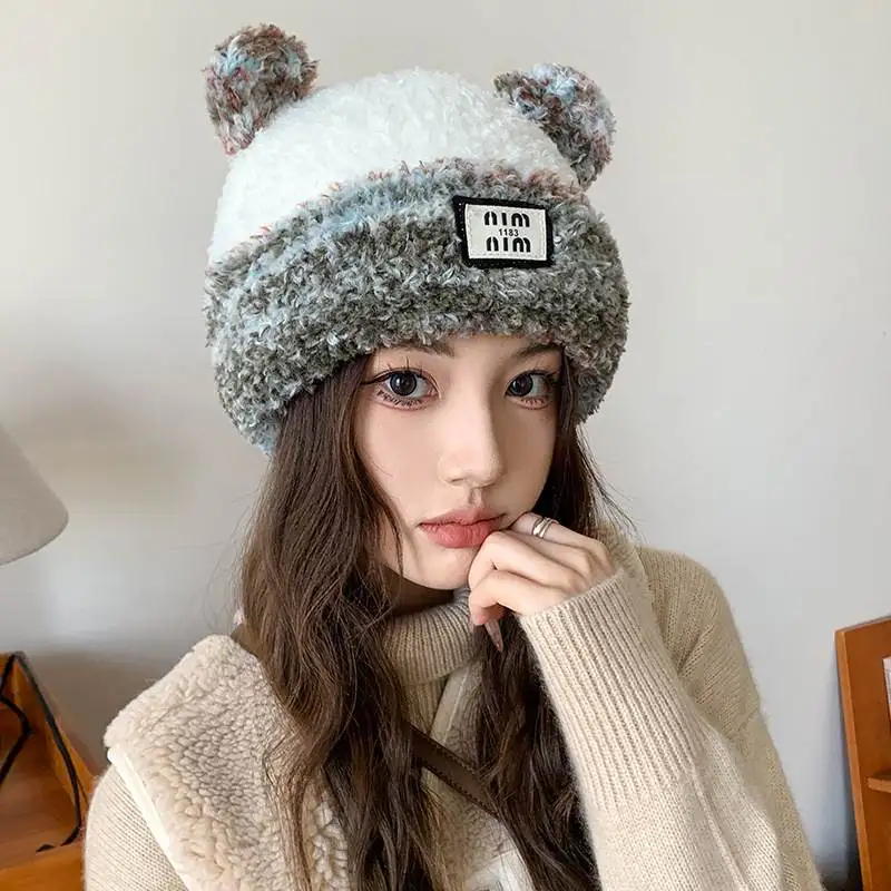 Вязаная шерстяная шапка женская осенне-зимняя теплая утепленная для верховой