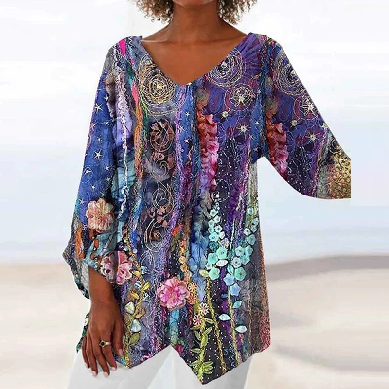 

Женский свободный пуловер средней длины, повседневная Асимметричная блузка с принтом, V-образным вырезом и длинным рукавом, весна-осень