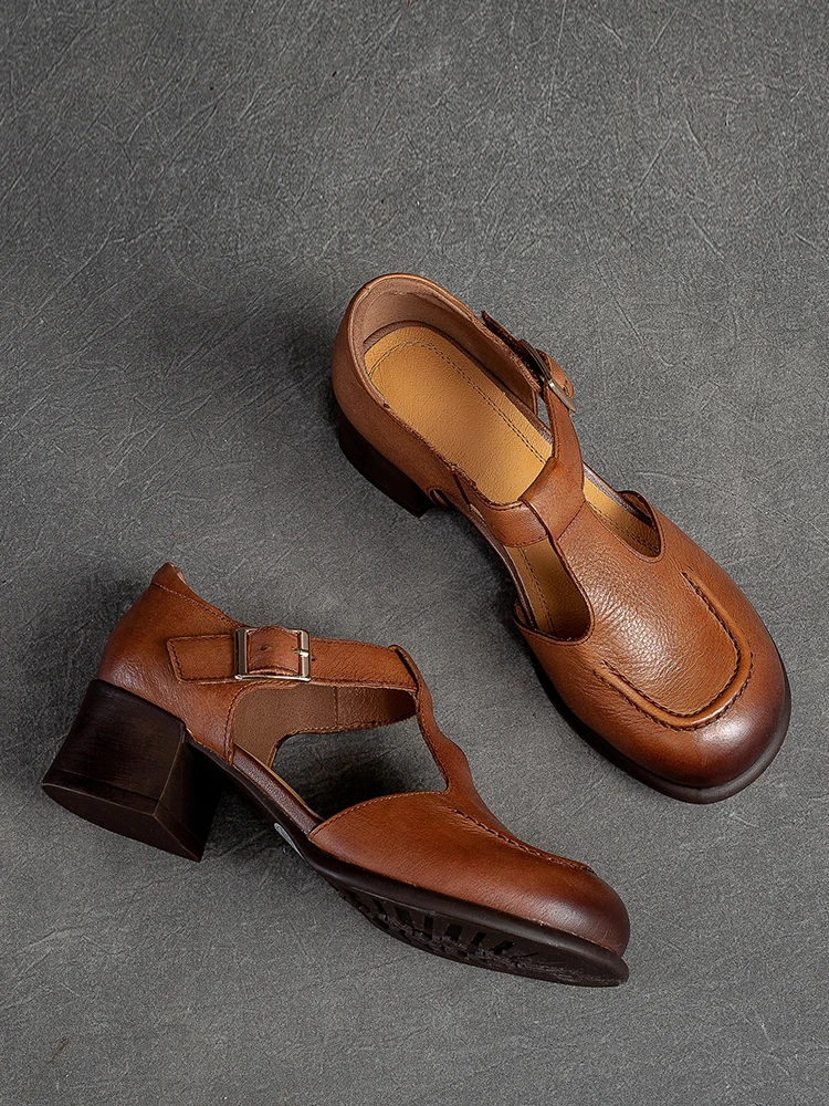 Beffery Genuine Leather Mary Jane Women's Heel Shoes Retro Handmade block heel Women T-shape Sandals