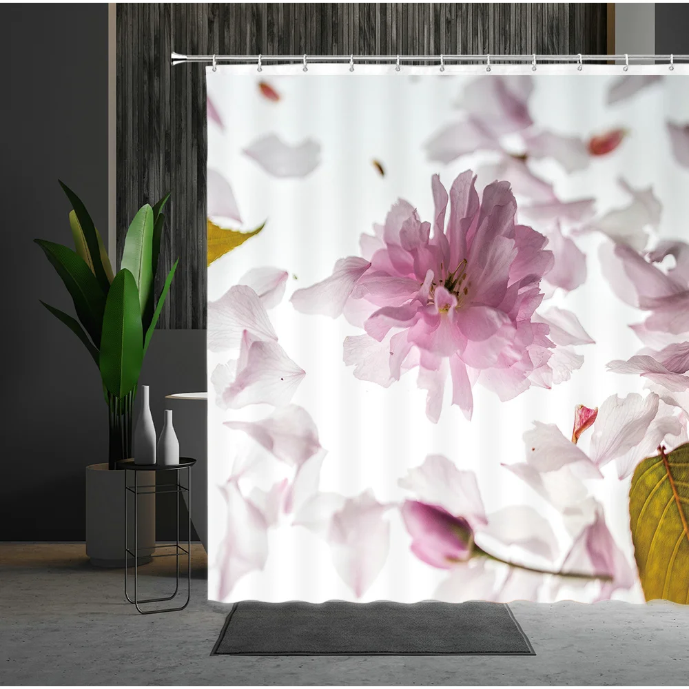 

Curtain White Flowers Patterned Bathroom Partition Waterproof Cloth Girl Bedroom Curtains With Spring Flower Scenery Shower Hook