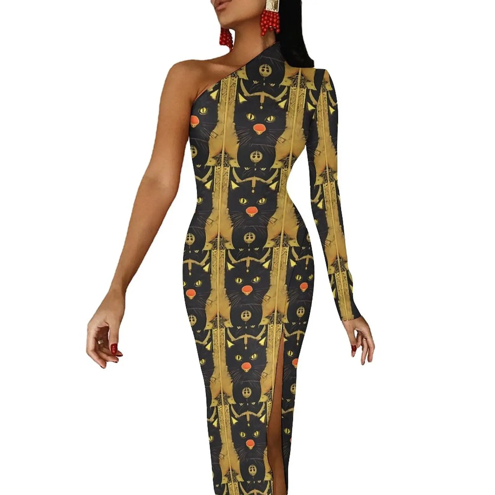 

Retro Tarot Card Bodycon Dress Summer Black Cat Print Pretty Side Split Long Dresses One Shoulder Graphic Aesthetic Dress