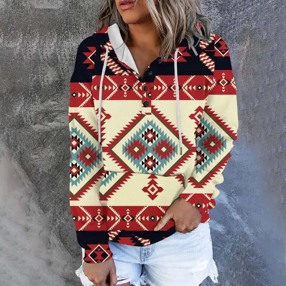 

Trendy Women Hoodie Retro Ladies Sweatshirt Loose Buttons Neckline Ribbed Cuff Sweatshirt Keep Warm