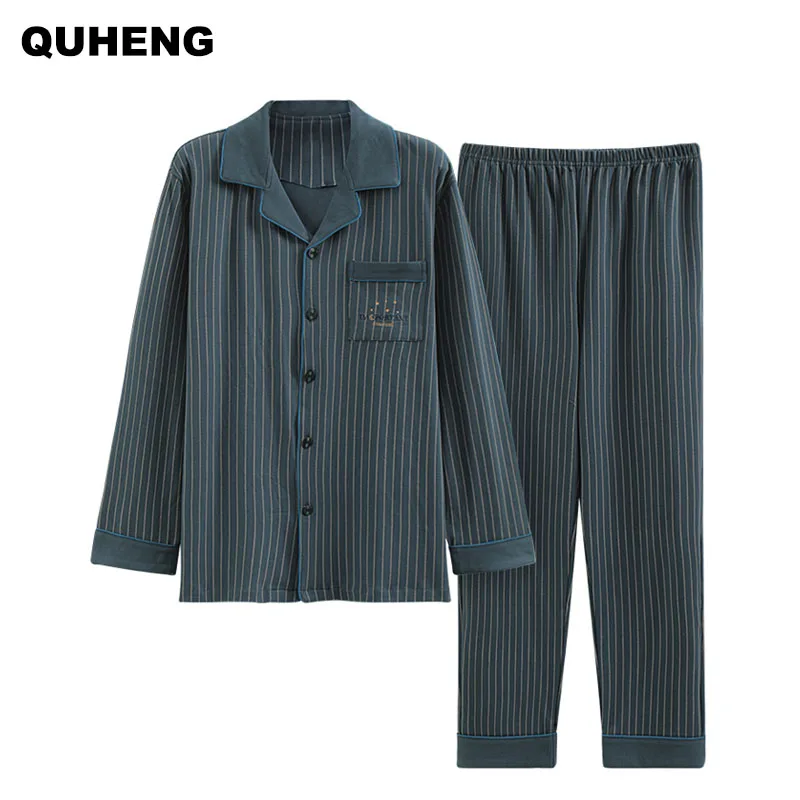 

QUHENG Cotton Pajamas Set Male Long Sleeved Casual Men's Leisure Loose Home Cloth Spring Loose Man Sleepwear Pyjamas Suits