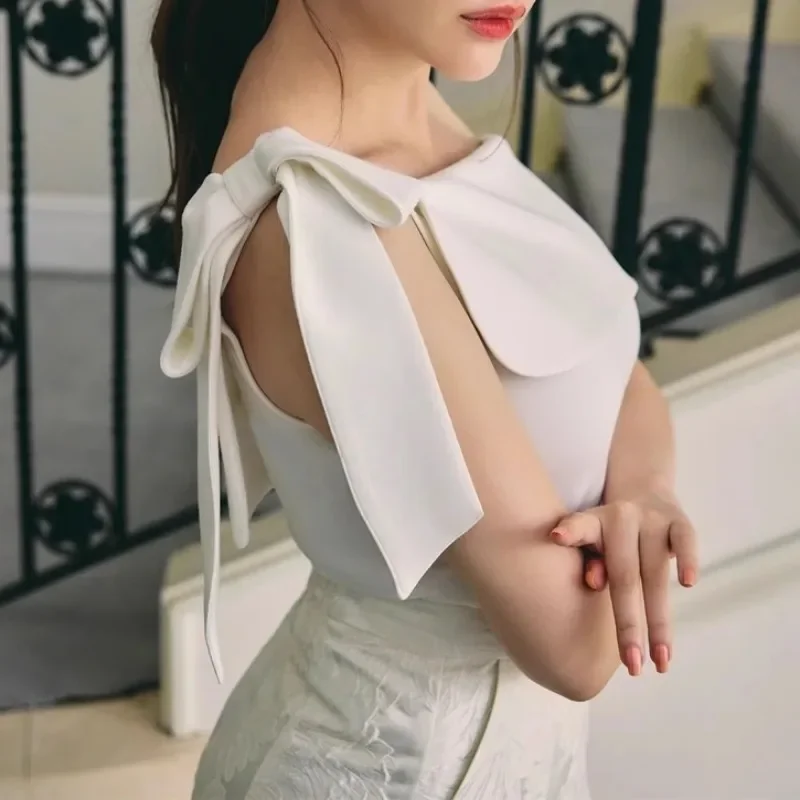 Женская рубашка с открытыми плечами необычная блузка бантом и