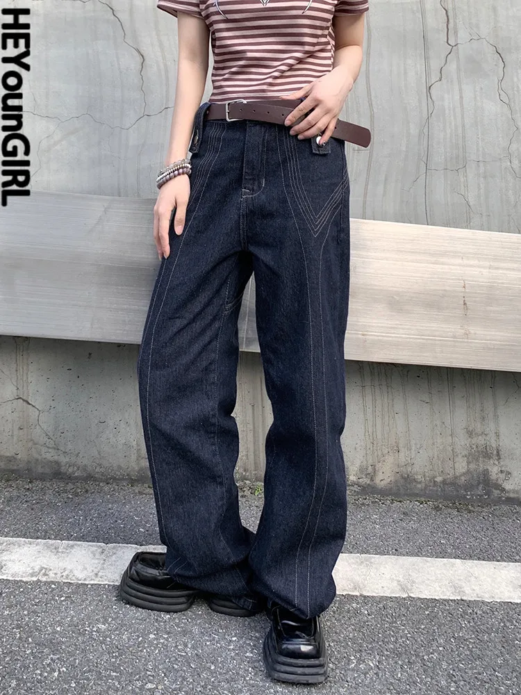 

HEYounGIRL Dark Blue Women Baggy Jeans Harajuku Casual Streetwear Denim Trousers Korean Retro Wide Leg Pants High Waist Jeans