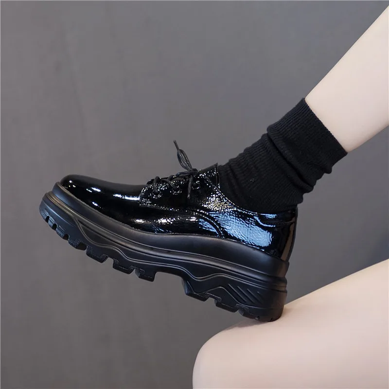 

2022 Autumn Winter Tide Shoes Black Patent Leather Thick-soled Platform Shoes Woman Wedges High Heels Warm Shoes