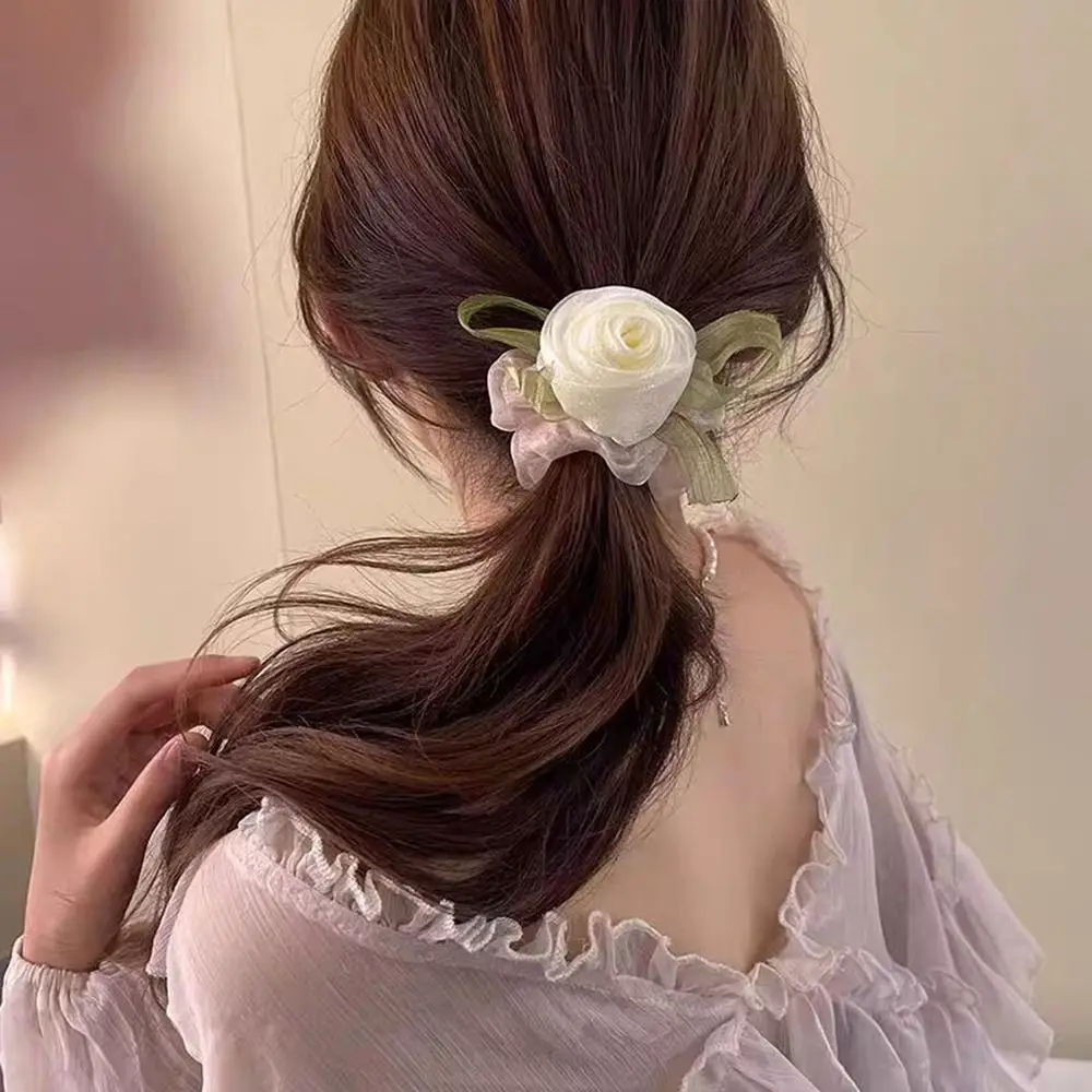 

Sweet Rose Flower Mesh Hair Scrunchies Temperament Simple Hair Tie Hair Ring Hair Rope Headdress Hair Accessories For Women