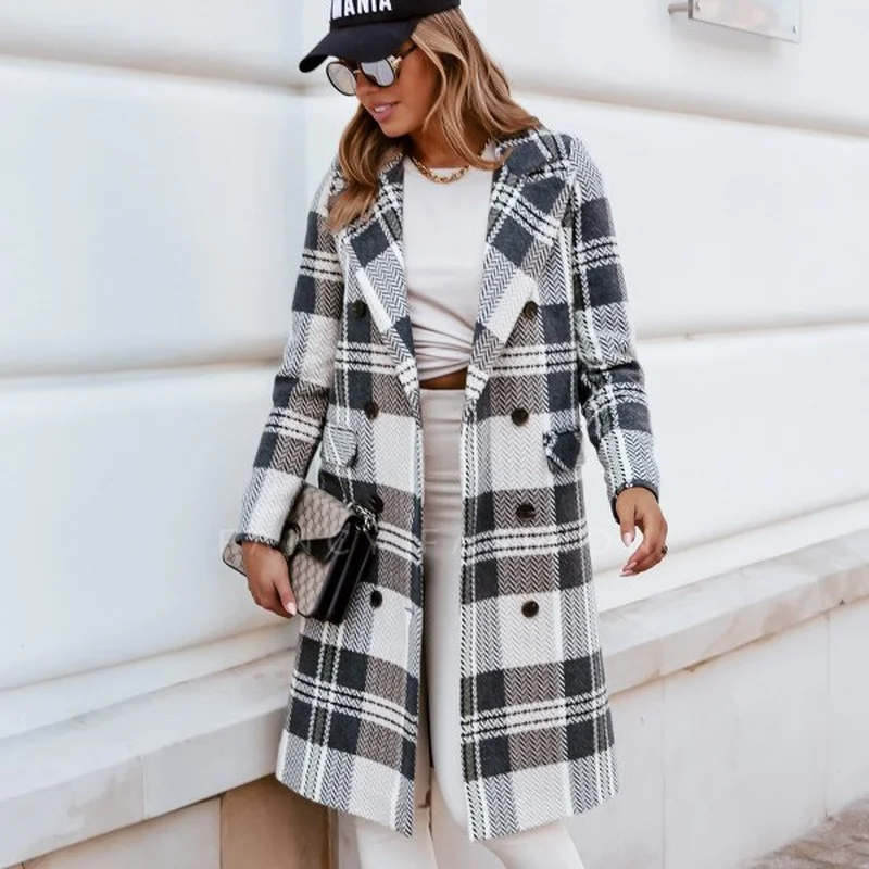 

Autumn/winter New 2021Style Simple Plaid Suit Collar Long-sleeved Coat Double-breasted Straight Long Casual Woolen Coat Women