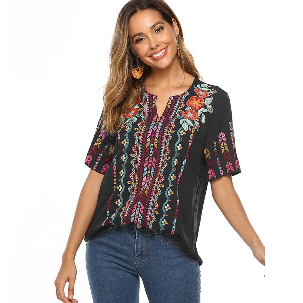 

Le Luz Floral Embroidery Blouses Shirt Black Cotton Summer Boho Mexican Shirts Women 2xl 3xl Woman Ethnic Hippie Ladies Tops