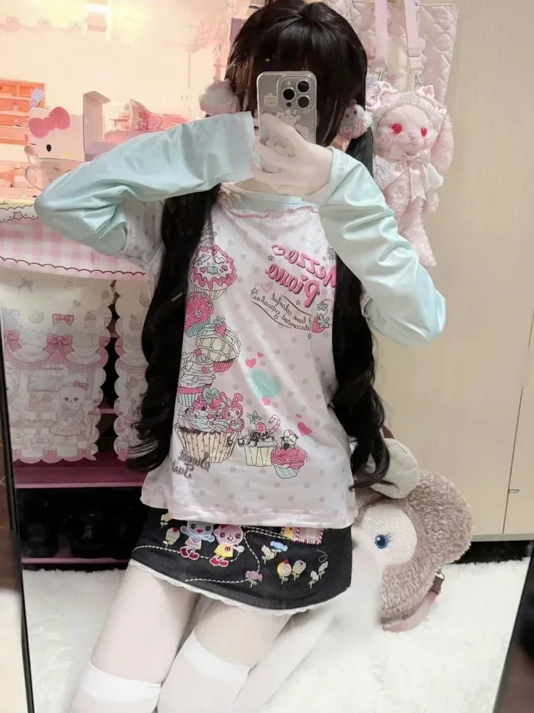 Kawaii Cute Sweet Tops Women Japanese Style Soft Girl Lone Sleeve T Shirt Y2k Harajuku Print Fake Two-piece Slim Tees 2025