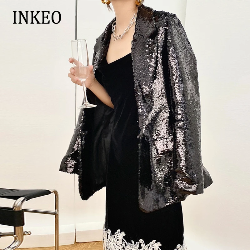 

Black Paillette blazer women 2022 Spring Bling Loose Office lady Long sleeve Sequin jacket Elegant Club Clothing New INKEO 1O274