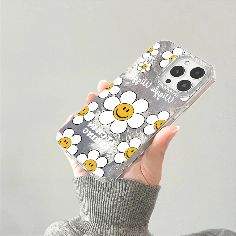 Противоударный жесткий чехол для iPhone 17 Pro Max 16 14 15 13 Pro Max 12 11 7 8 Plus XR X с текстурой ледника, смайликом и ромашкой (art.: 3920dba1a5cfa) - 3920dba1a5cfa