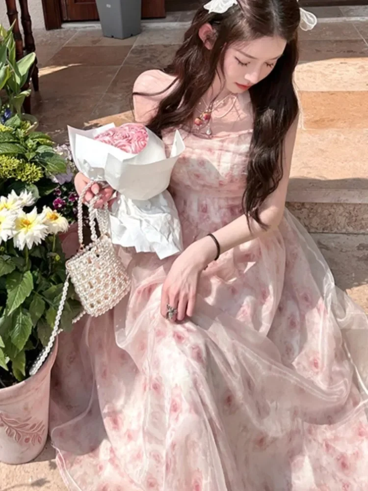Y2K элегантные шифоновые платья с принтом и лямкой на шее для женщин милое розовое