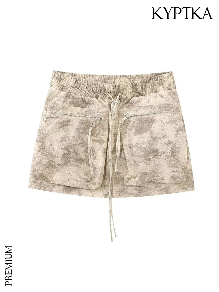 

KYPTKA Women Fashion Front Zip Pockets Printed Mini Skirt Vintage High Elastic Waist With Drawstring Female Skirts Mujer