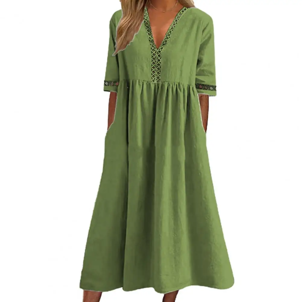 

Vintage Women Summer Dress 2023 V-neck Short Sleeve Lace Pleated Pockets Casual Loose Hem Lady Midi Dress