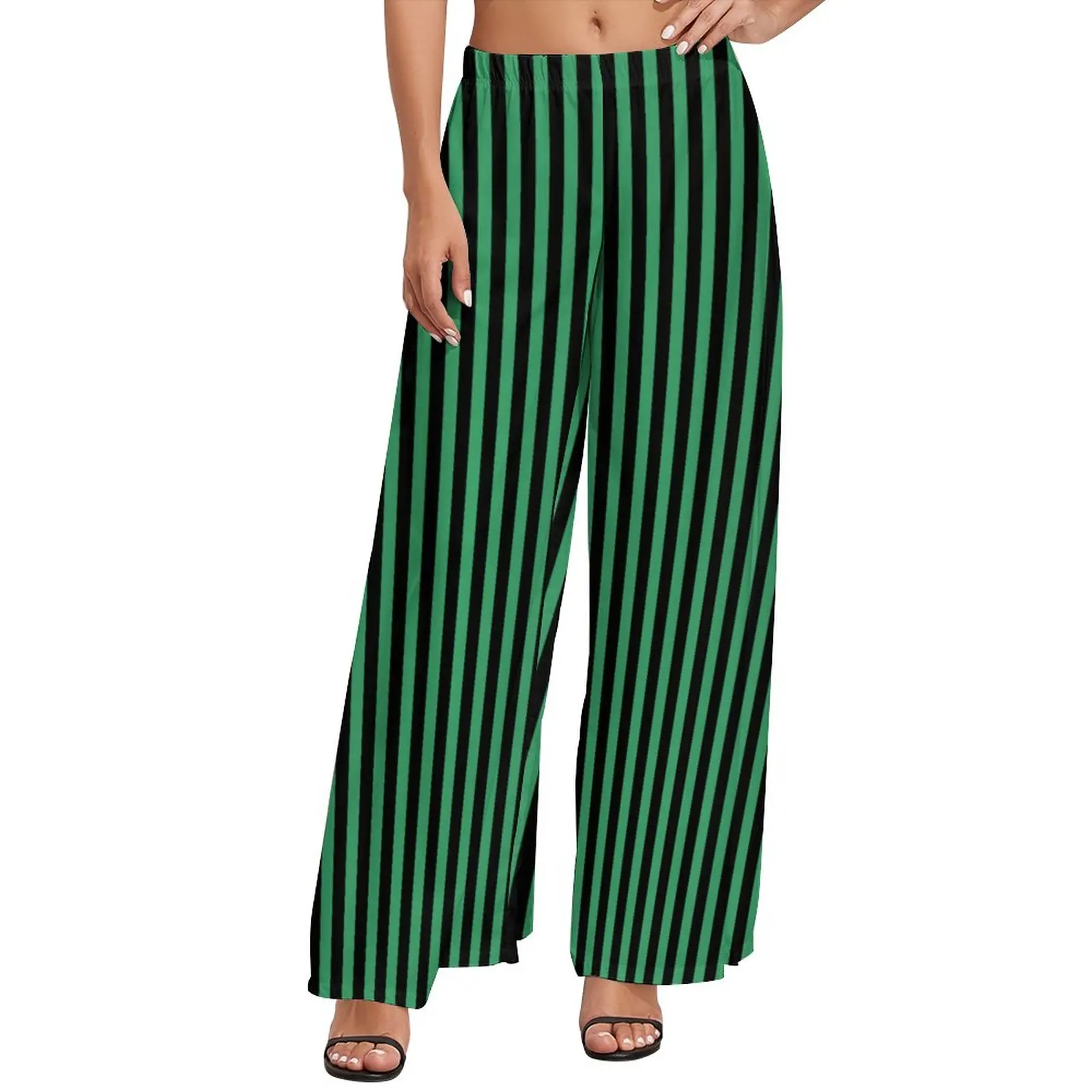 

Candy Striped Pants Women Green and Black Streetwear Trousers Elastic High Waist Casual Wide Leg Pants Gift