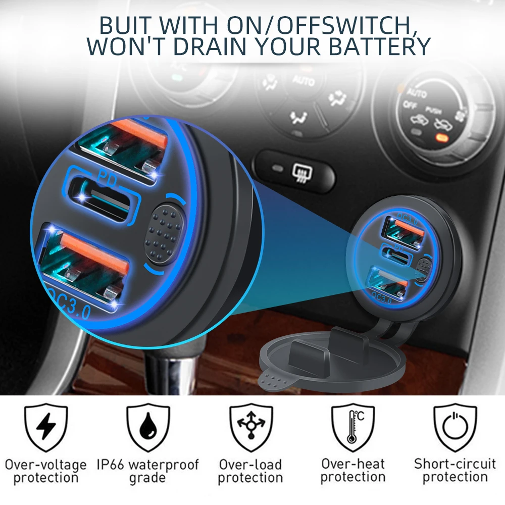 Автомобильное водонепроницаемое зарядное устройство 100 Вт два выхода QC 3 0 USB и PD