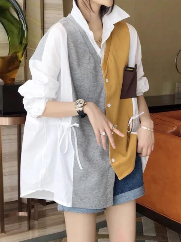 

Irregular Shirt Sweater Women Patchwork Contrast Color Female Fashion Clothes Loose Autumn Women Top