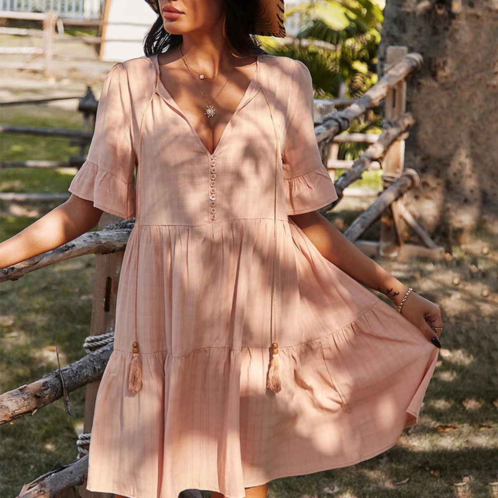 

Summer Solid Women Dress 2023 Prairie Chic Casual Fashion Sexy Short Sleeve Loose V-neck Holiday Streetwear Vestido Robes Female