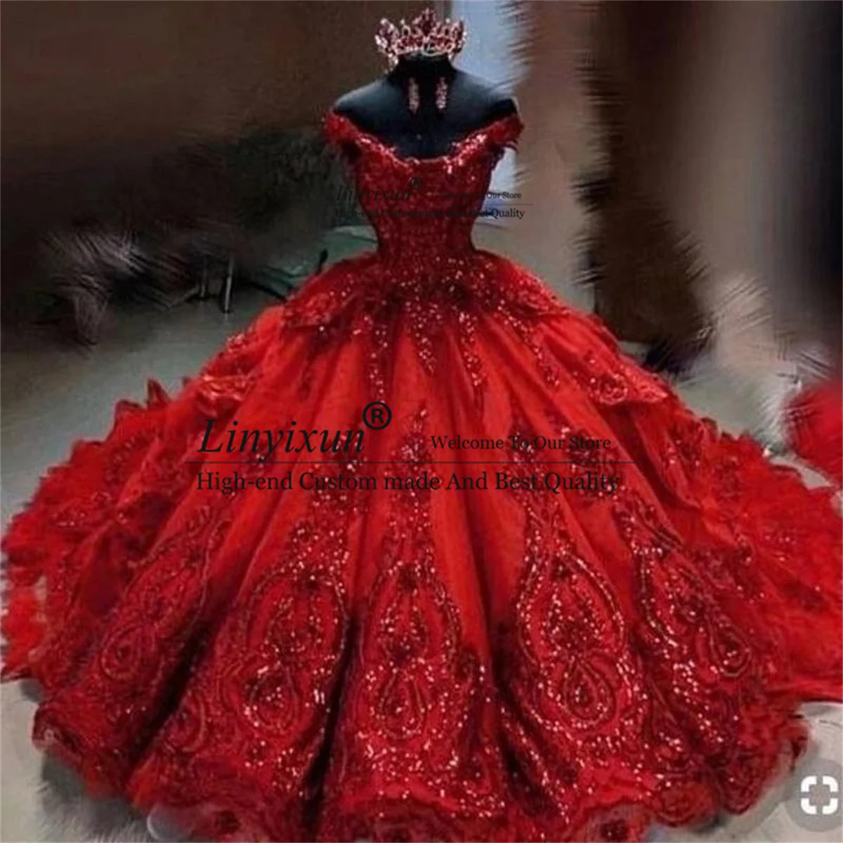 

Sparkly Red Quinceanera Dresses Off the Shoulder Puffy Tiered Skirt Sweet 16 Dress Sequins Applique Beaded vestidos de 15 años