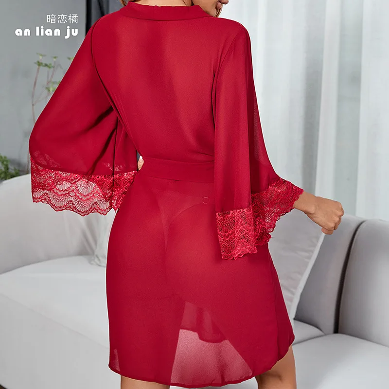 

Sexy Burgundy Rayon Silk Loungewear Women Home Clothes Female Lingerie Baggy Sleepwear Nightgown Lace Patchwork Kimono Bathrobe