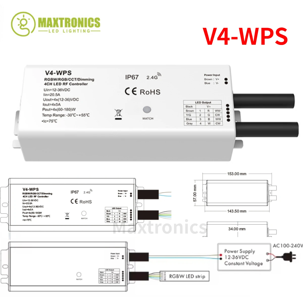V4-WPS 4-канальный радиочастотный контроллер постоянного напряжения диммер 12-36 В