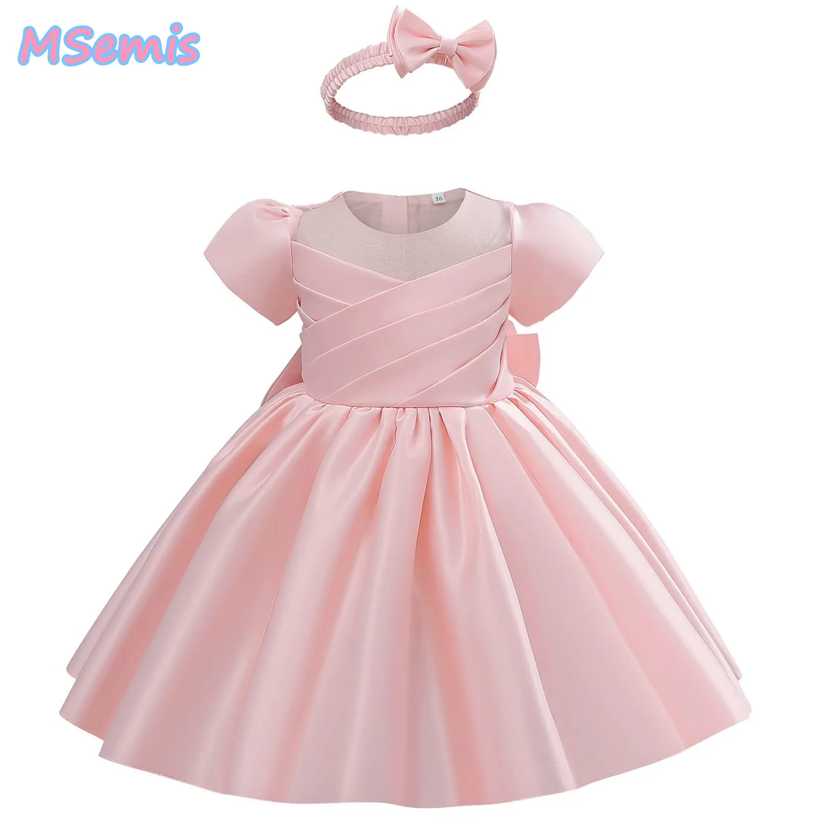

Baby Girls Dresses Christening Party Clothing with Bow Head Decoration Short Sleeves A-Line Pleated Dress Birthday Proms Gown