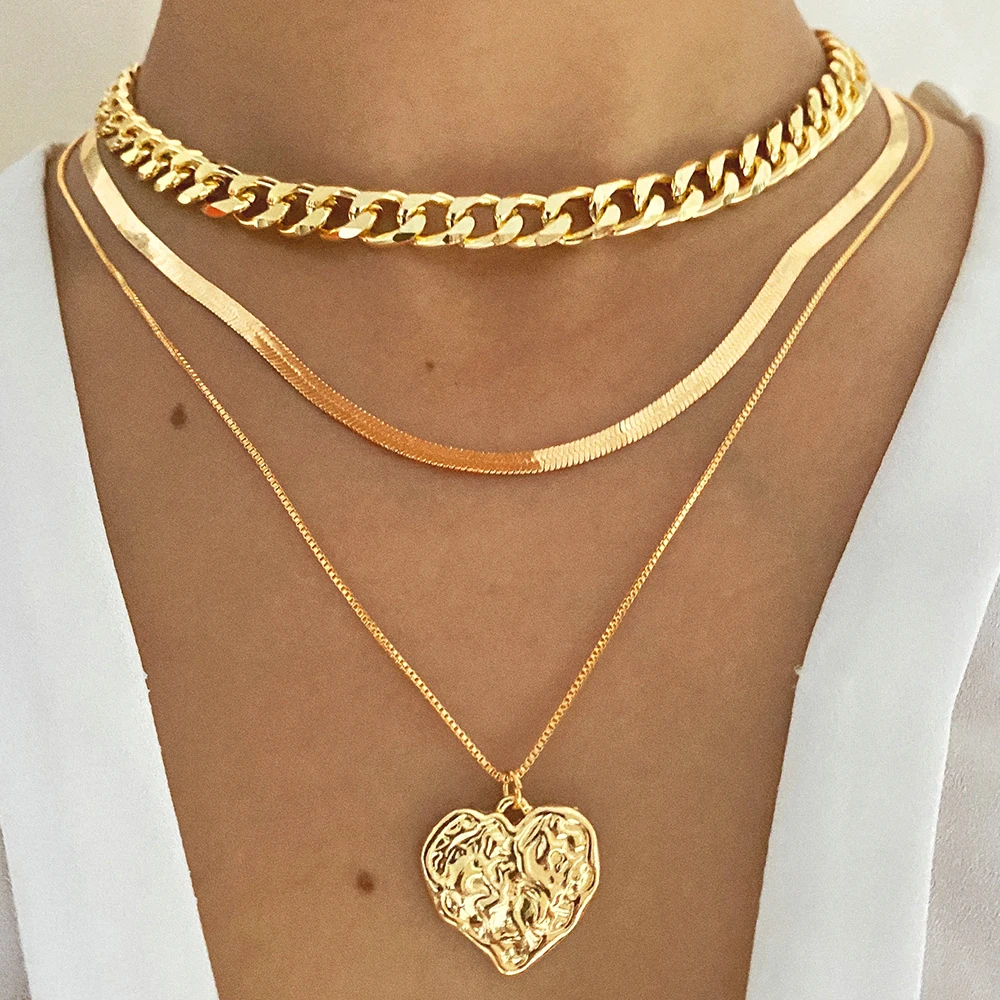 

FAMSHIN Vintage Gold Color Chain Necklace for Women Punk Bohemian Multilayer Heart Necklace Girls Collier Femme Jewelry