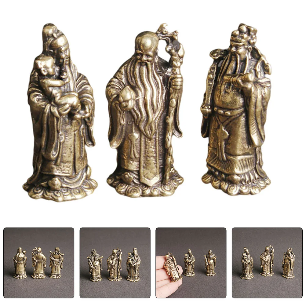 

3 Pcs Brass Fu Lu Shou Fuk LUK Sau Decor Craft Ornament Money Suit Statue Desktop Immortal Mini