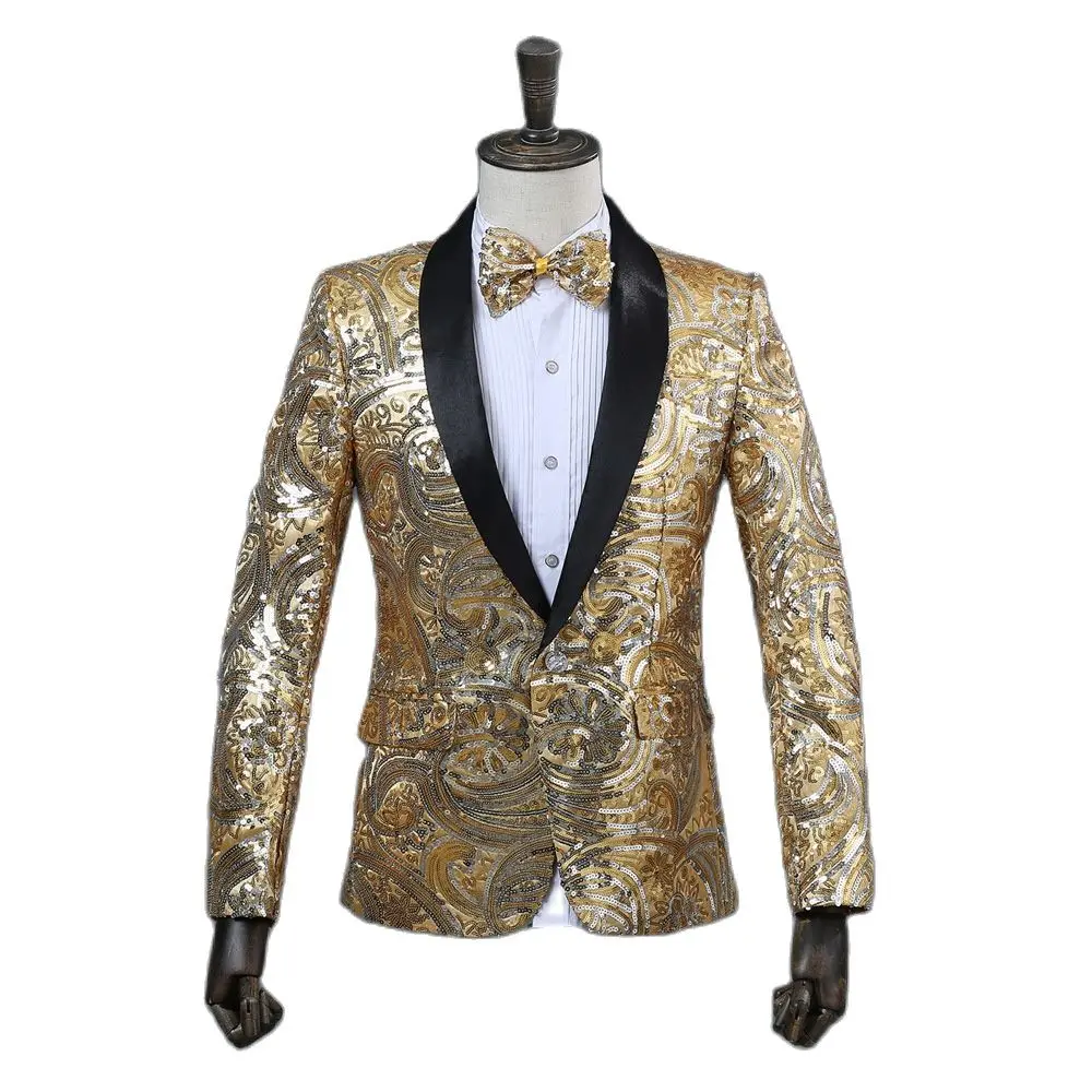 

Gold Floral Sequin Blazer Men Shawl Collar Slim Fit Wedding Tuxedo Suit Blazer Jacket Men DJ Nightclub Performance Costume Homme