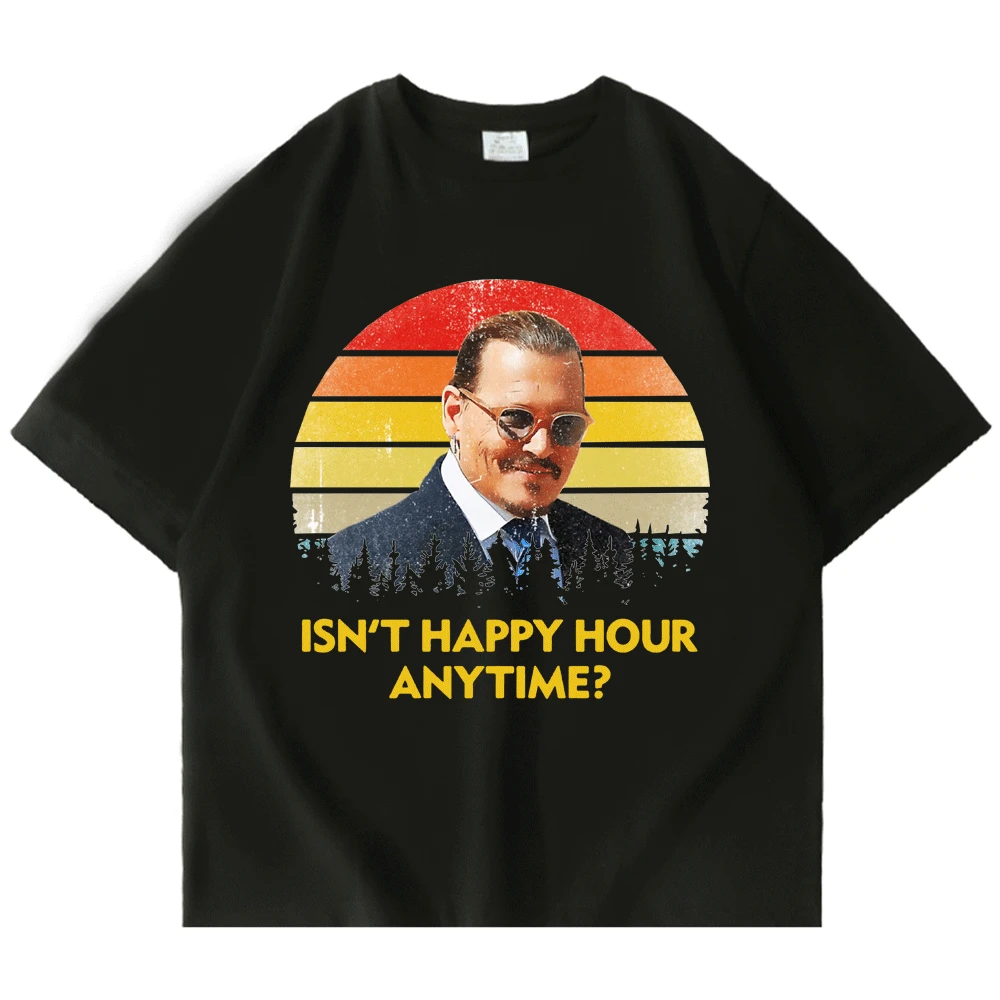 

Isn't Happy Hour Anytime Justice Vintage Black T Shirt Mega Pint of Wine Funny Tee Shirt Men Women 100% Cotton Casual T Shirts