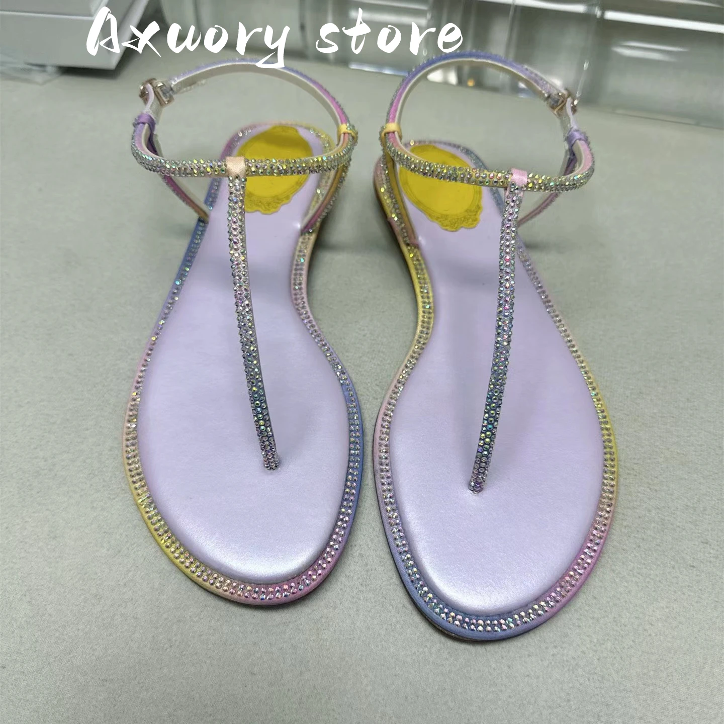 New Black Genuine Leather Toe Crystals Sandals Leisure Beach Flats Rhinestones Shoes For Women Fashion