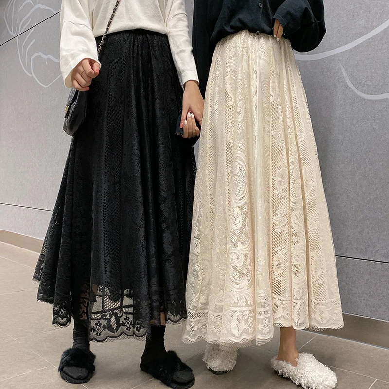 

Elastic High Waist Lace Skirts Women Spring Summer 2022 Korean Elegant Casual A-line Black Apricot Long Maxi Skirt Ropa Mujer 1