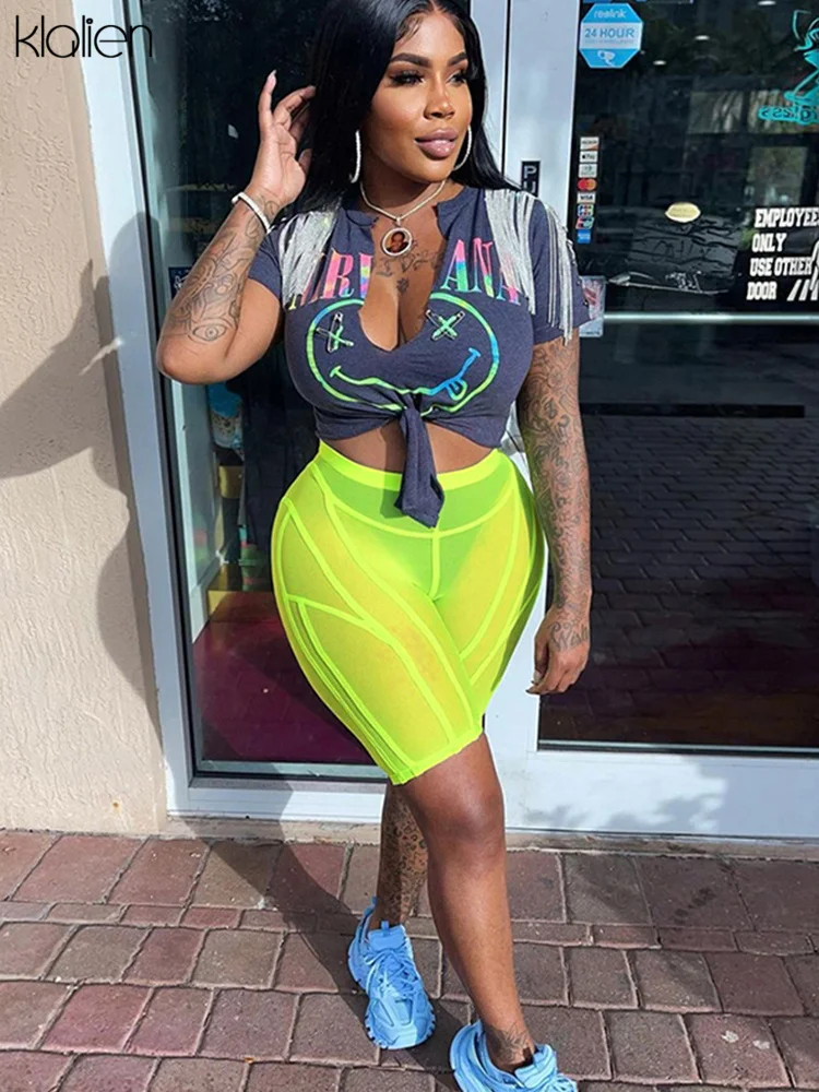 

KLALIEN Fashion Sexy High Waist Solid Mesh See Throught Women Shorts Y2K Streetwear Wild Slim Skinny Stretch Activewear 2022 New
