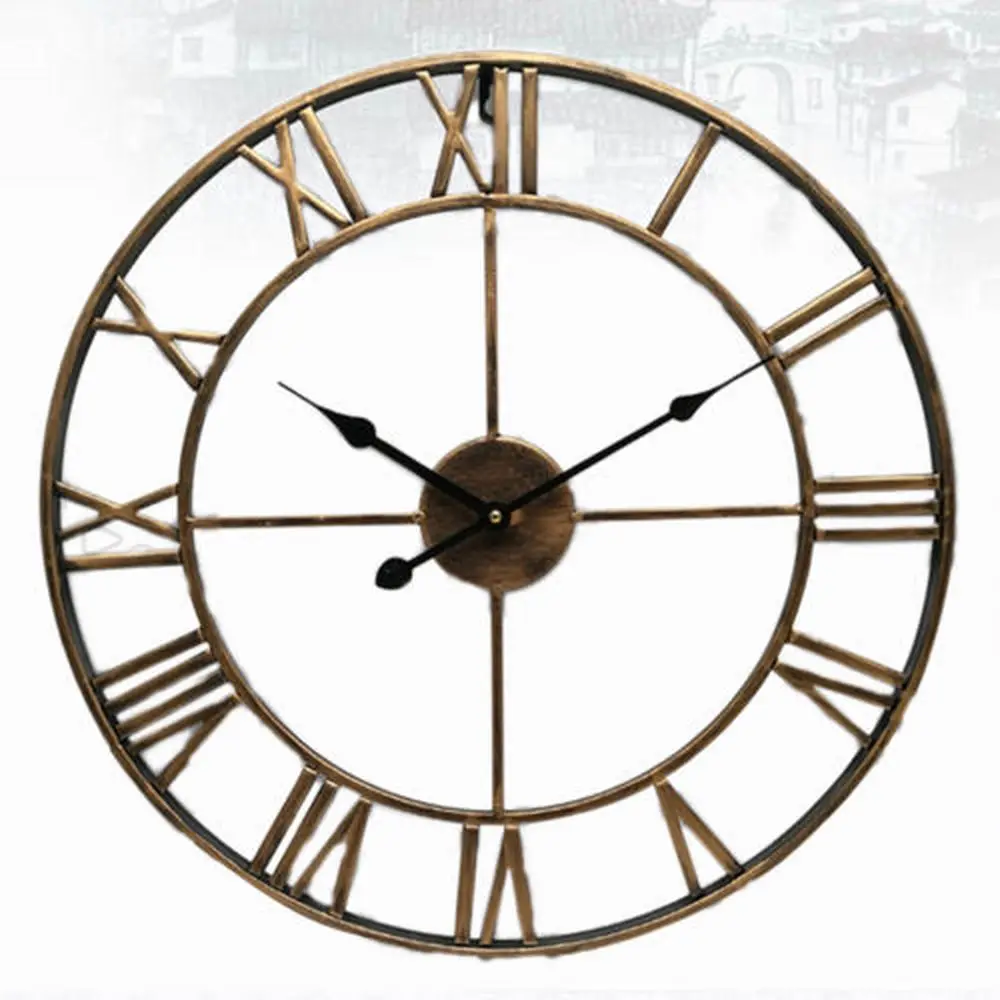 

40/45CM Nordic Metal Roman Numeral Wall Clocks Retro Iron Round Face Black Gold Large Outdoor Garden Clock Home Decoration