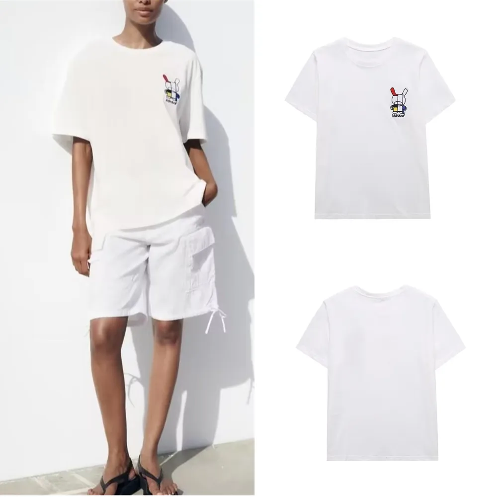 

COS LRIS 2023 summer cotton short-sleeved summer new women's all-match round neck robot pattern white T-shirt 1277001