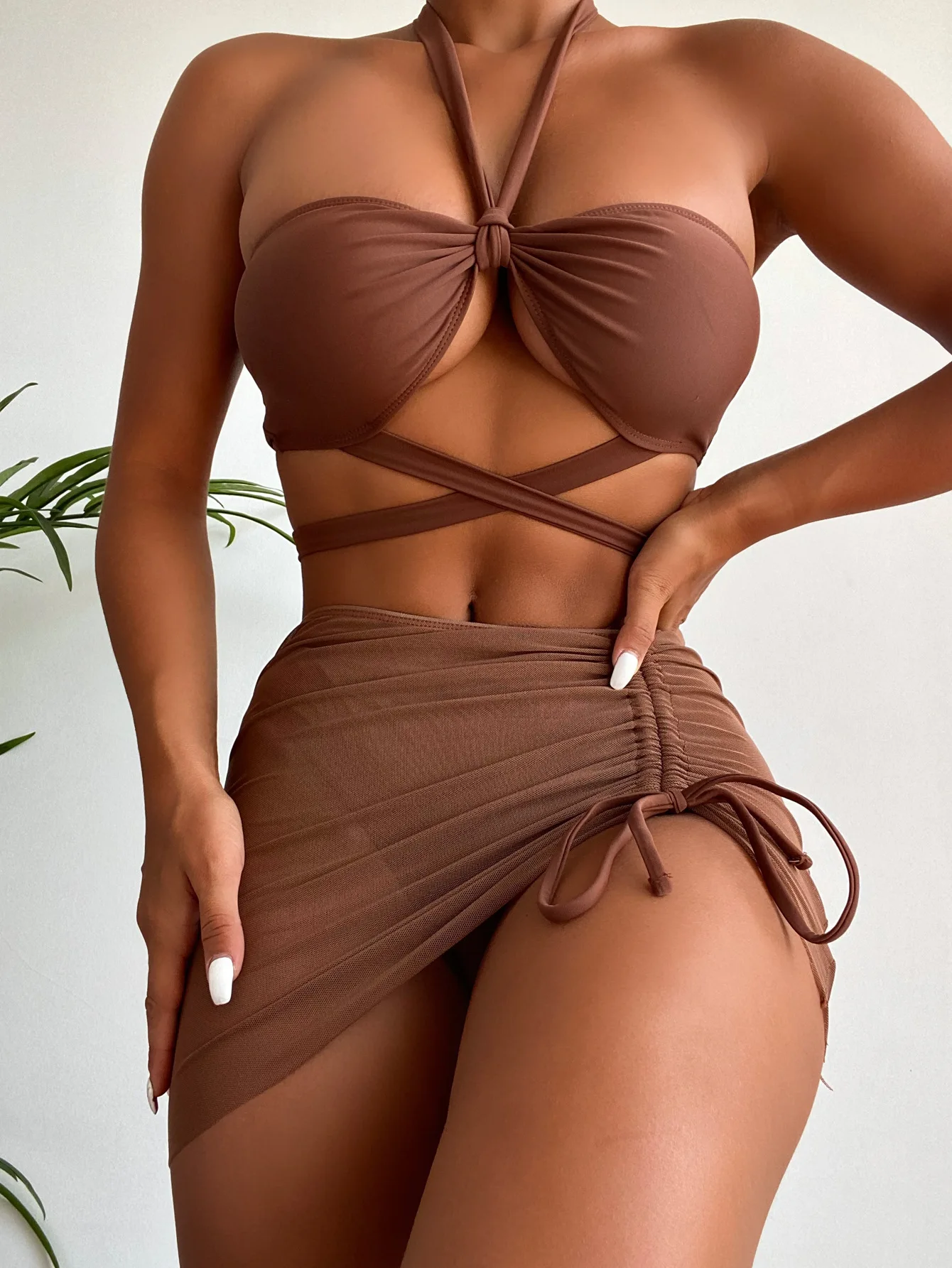 

Sexy 3 Piece Swimsuit Women Halter Solid Red Front Tie Bikini Push Up Padded High Waist Swimwear Bathing Suit Mesh Skirt Biquini