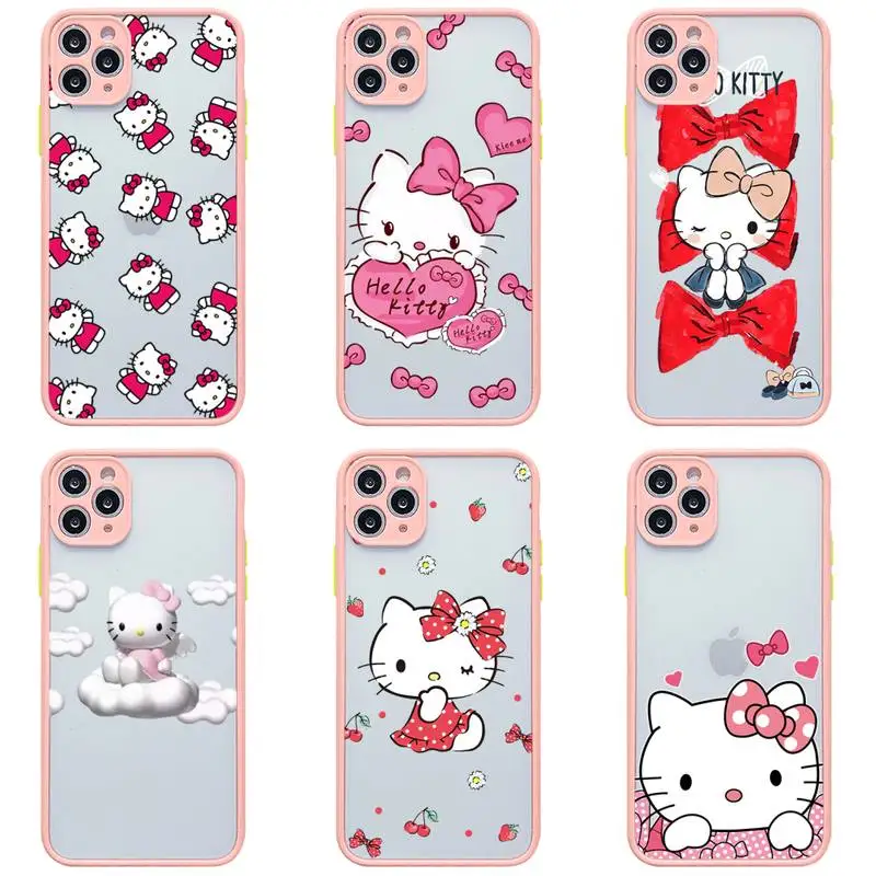 

Lovely Hello Kitty Phone Case For iphone 13 12 11 Pro Max Mini XS 8 7 Plus X SE 2020 XR Light pink Matte Transparent Cover