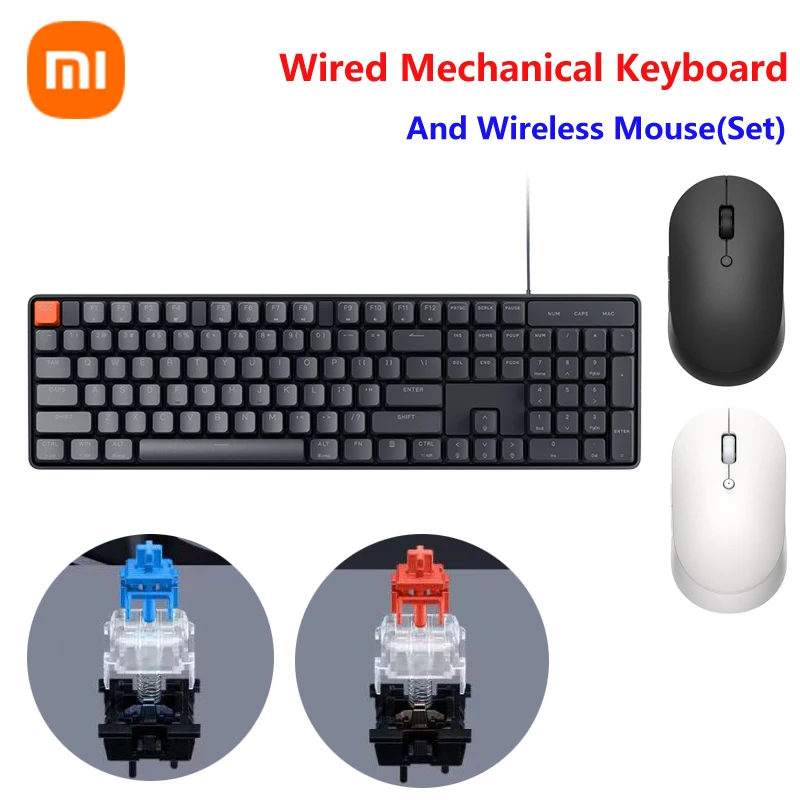 

Набор проводной механической клавиатуры и мыши Xiaomi, 104 клавиши, синий, красный переключатель и двойной режим, 1300dpi, портативная беспроводная мышь Xiaomi