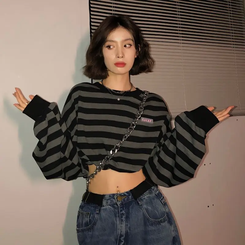 

Long Sleeve High Waist Contrast Color Striped Sweatshirts Women Preppy Style Drawstring Short Sudaderas Harajuku Y2k Crop Tops