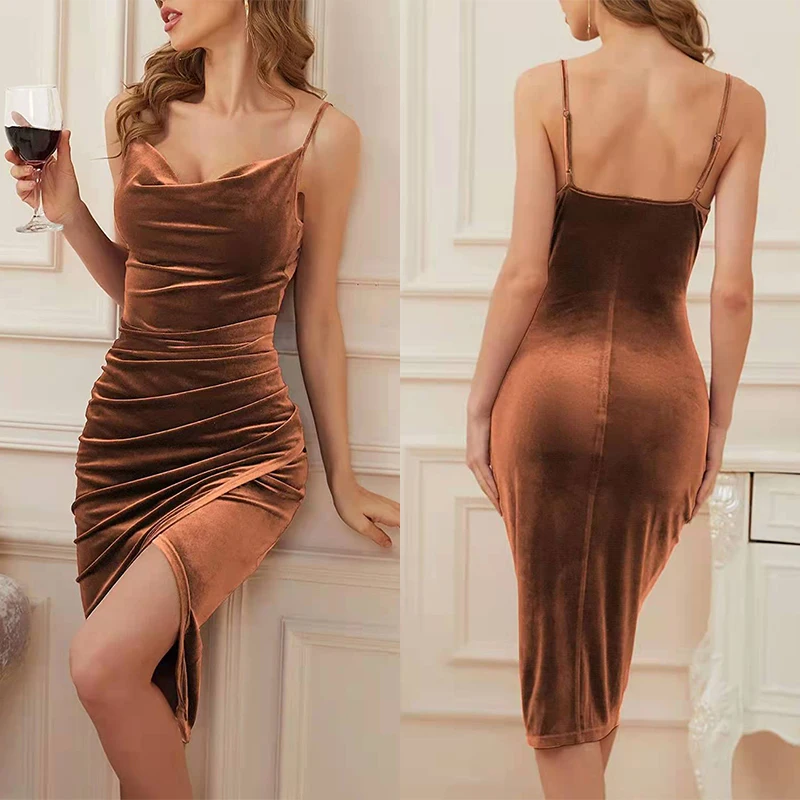 

Elegant Evening Gown For Women Summer Velvet Midi Bodycon Dress Women Sleeveless Off Shoulder Backless Party Club Dresses S-3XL