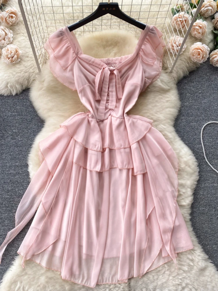 

Aibeautyer New Casual Spring Summer Solid Slim Lady Dress A Line Square Collar Chiffon Pullover Mid-Calf Women Dresses