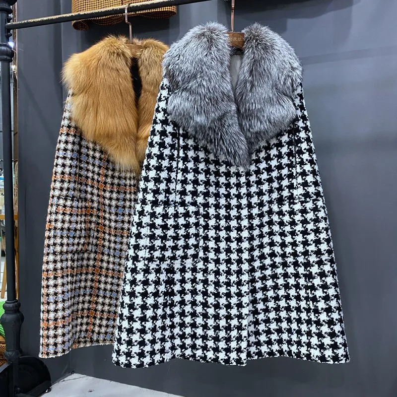 

Branded Style Autumn Winter Windproof Wool Blend Fur Long Cape Coat For Women Top Qulity Real Silve Fox Fur Woolen Gilet Vests