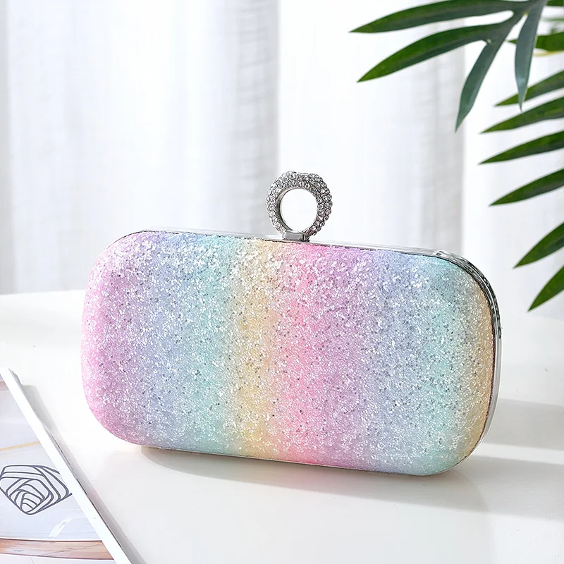 

Evening Clutch Bags Multicolor Girls Summer Glitter Night Party Purse Cute Woman Wedding Ring Clutches Rainbow Bag Women