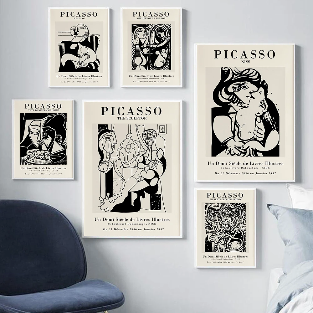 

Picasso Exhibition Posters Artist Wall Art Print Black White Abstract Vintage Canvas Painting Gallery Living Room Decor Pictures