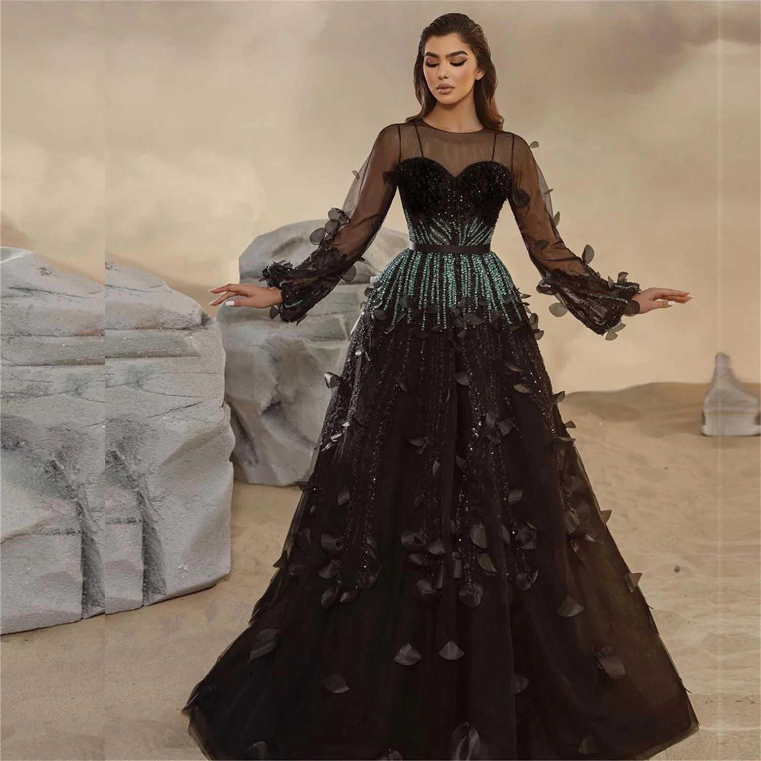 

Prom Dress Exquisite Boat Neck Floor Length Long Sleeve A-line Empire Chiffon Formal Evening Gowns 이브닝드레스 فستان حفلات الزفاف