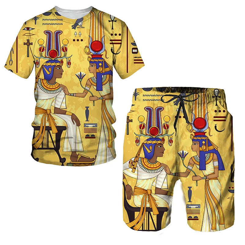 Anubis Print T Shirt For Men Casual Beach Pants Hip Hop Trend Fashion Short Sleeve Top Ancient Egypt Harajuku 2 Piece Outfit Set