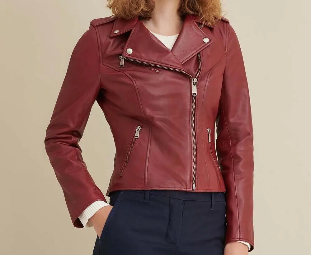 Women Leather Jacket Red Soft Real Leather Slim Fit Fashion Biker Polo Collar High-end Trench Coat