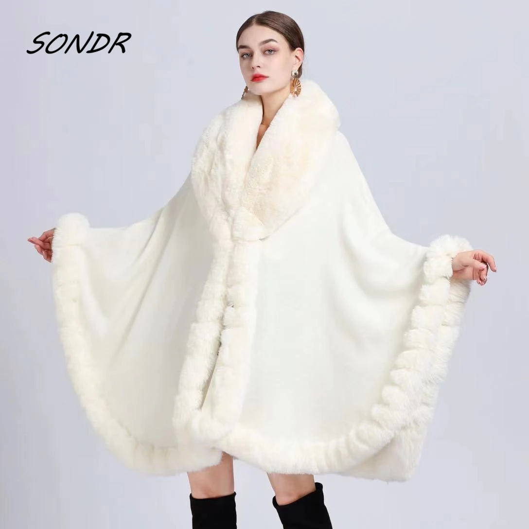 

Faux Fur Loose Cape Coats for Women Winter Wram Open Stitch Vintage Fashion Poncho