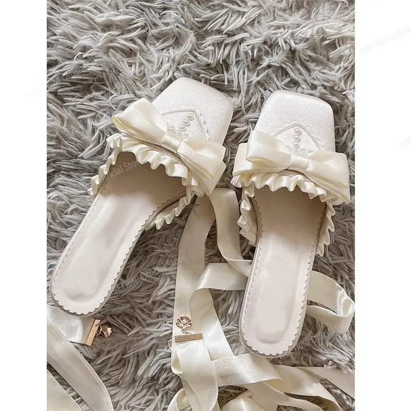 Mary Jane Pumps Women Bow Knot Design Lolita Square Toe Ankle Strappy Fashion Sweet Pumps Med High Heeled Lovely Ballet Shoes